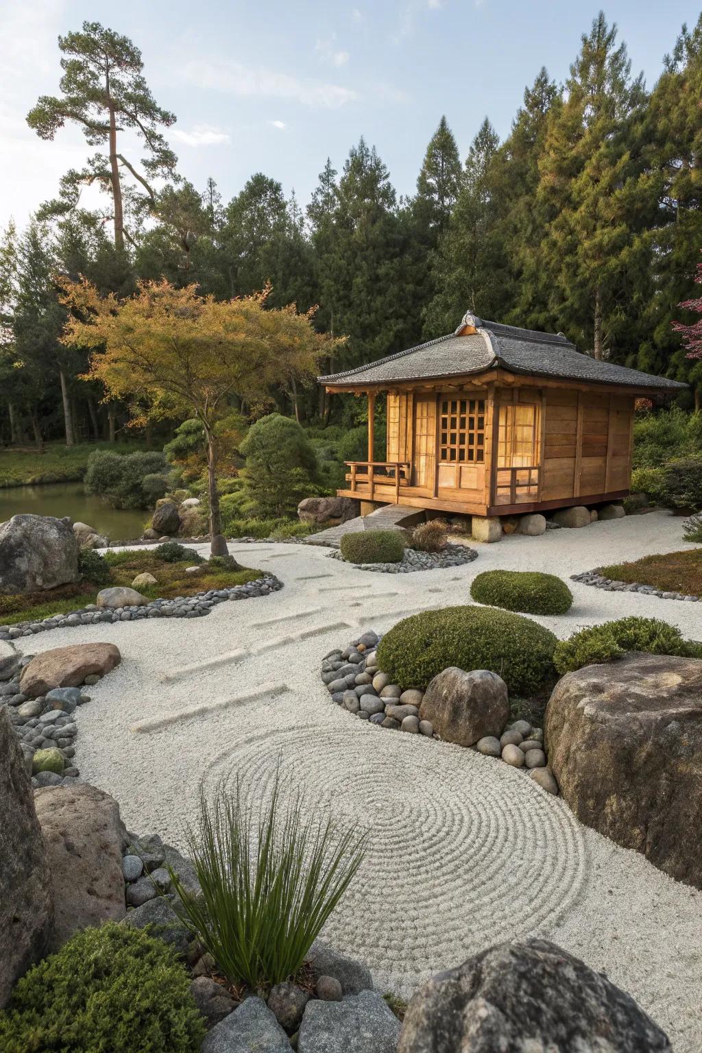 A charming tea house nestled in a serene zen garden.