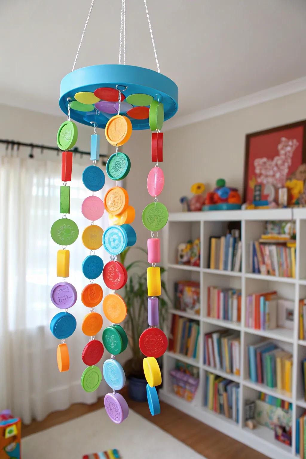 Create a playful mobile with colorful plastic lids.