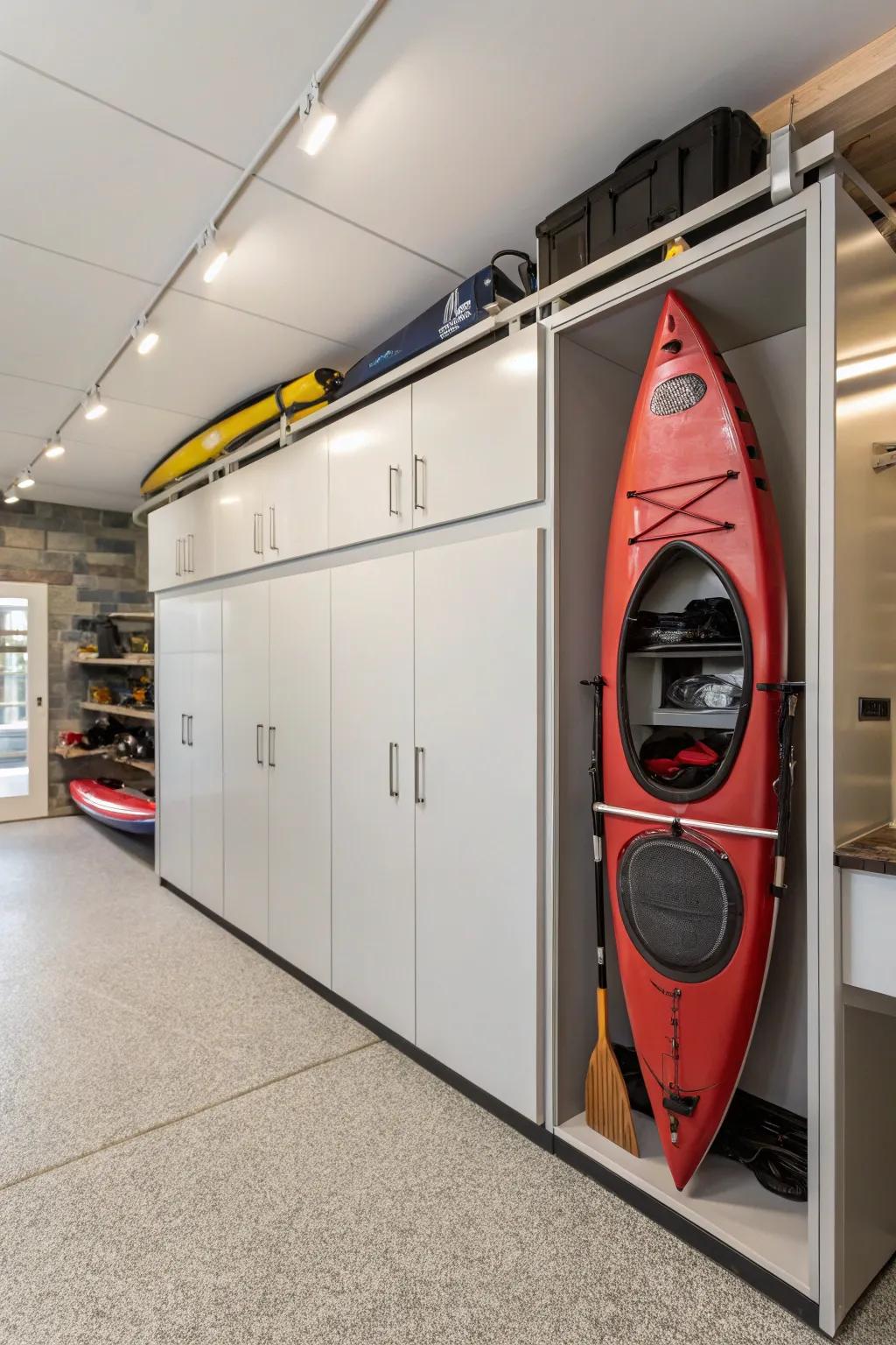 Stylish custom built-in kayak cabinets for modern storage.