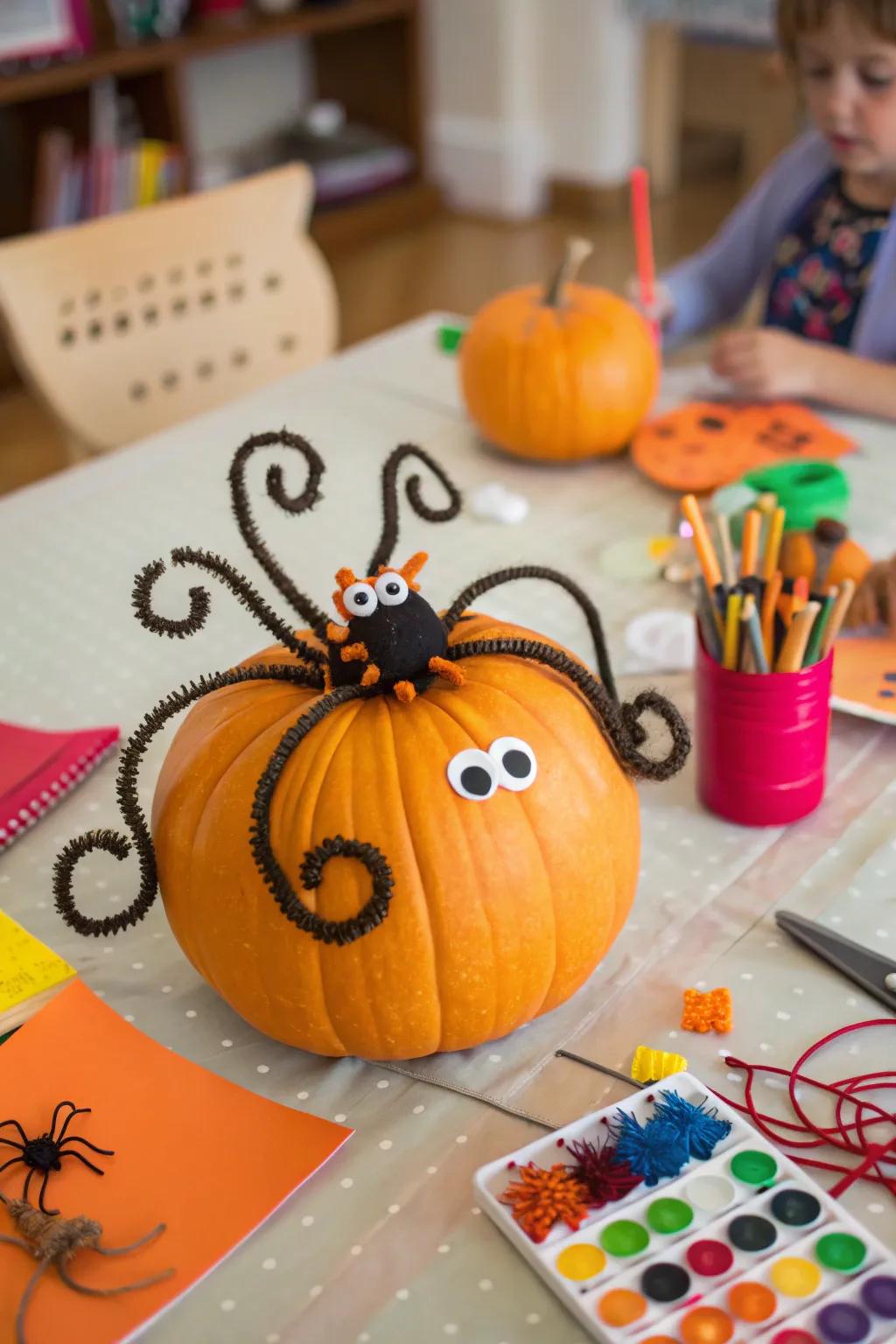 Pipe cleaners add a whimsical touch to this pumpkin.