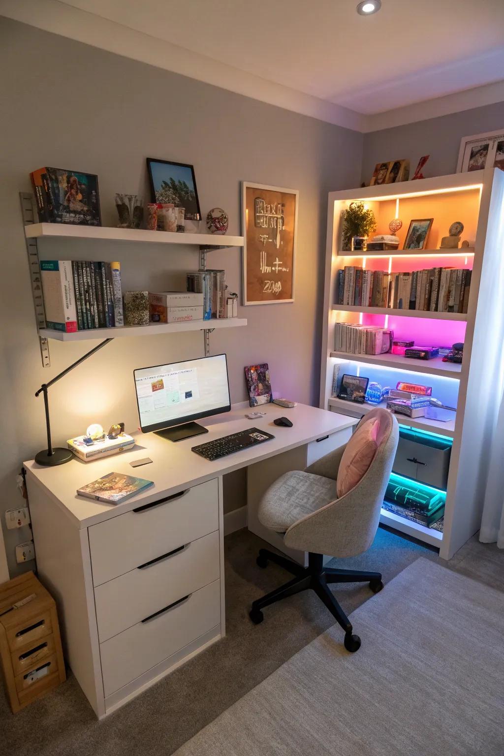 A tech-savvy setup complete with modern gadgets and smart lighting.