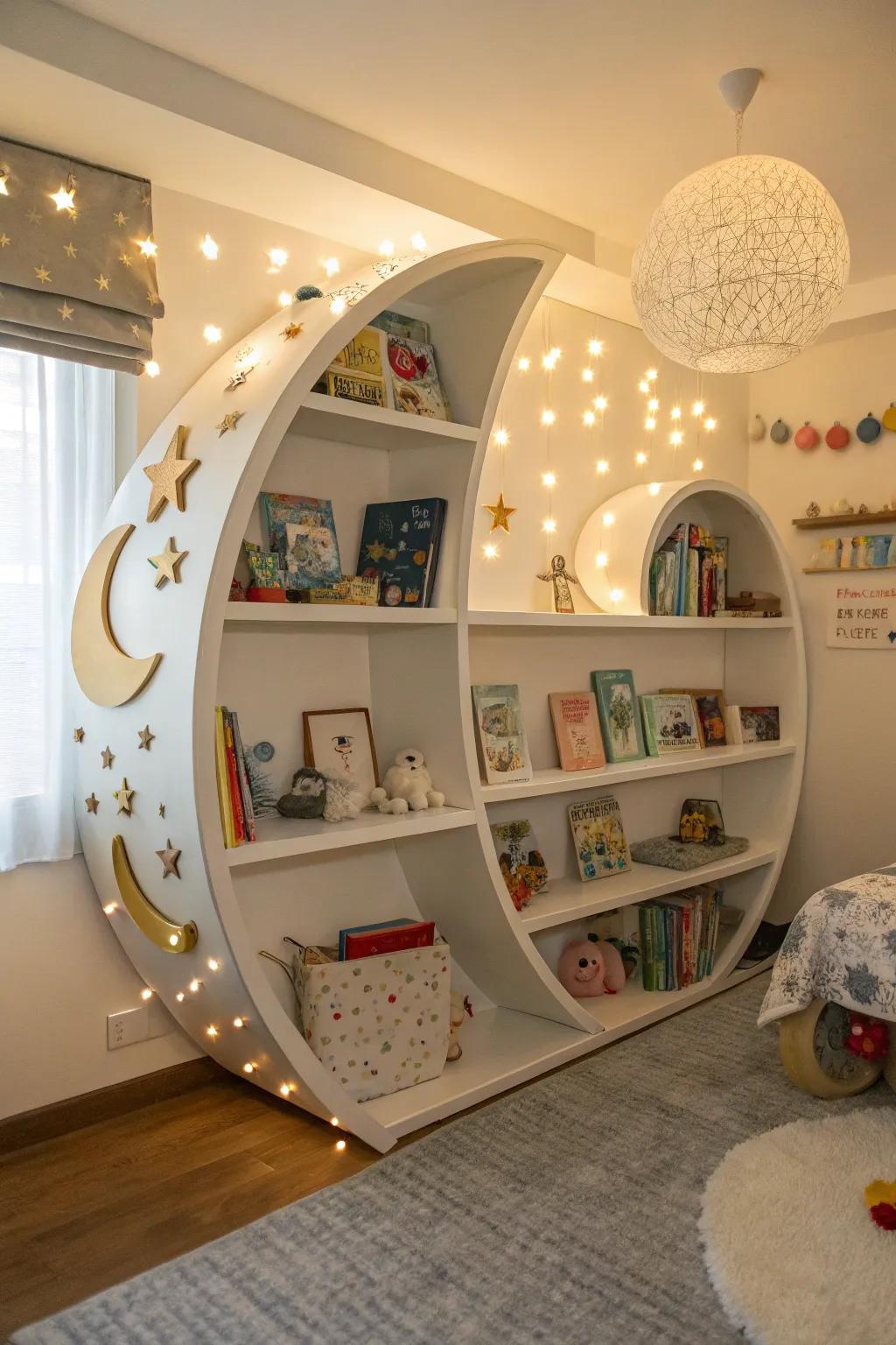 Whimsical shelves add enchantment to book storage.