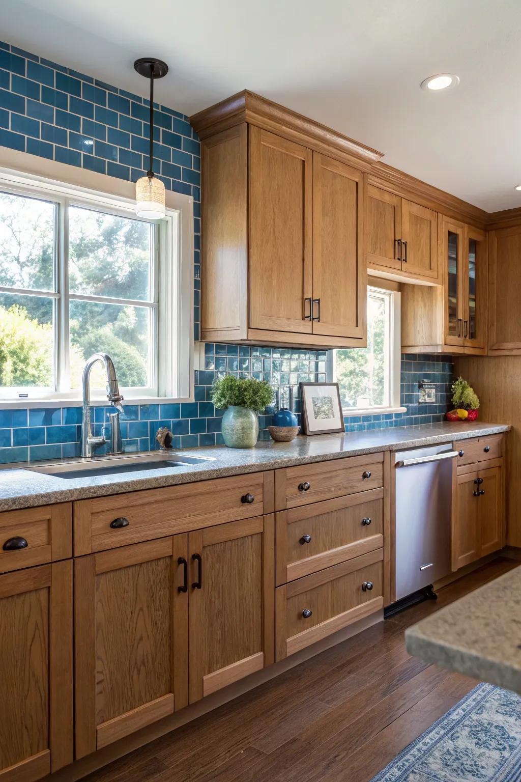 Blue tiles bringing a coastal vibe to the kitchen.