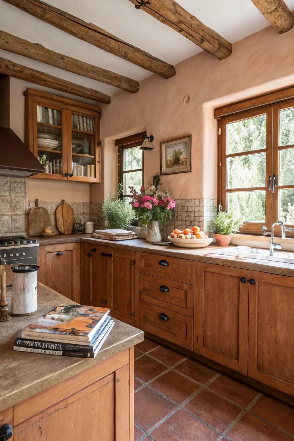 Rustic terracotta cabinets bring a warm and earthy charm.