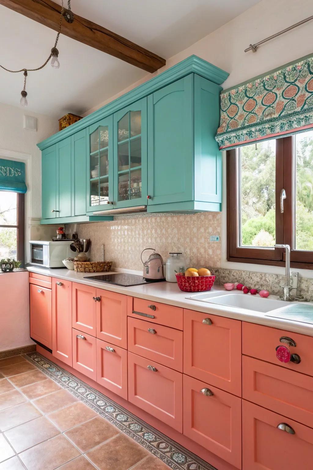 Bright coral and turquoise bring energy and vibrancy to this kitchen.