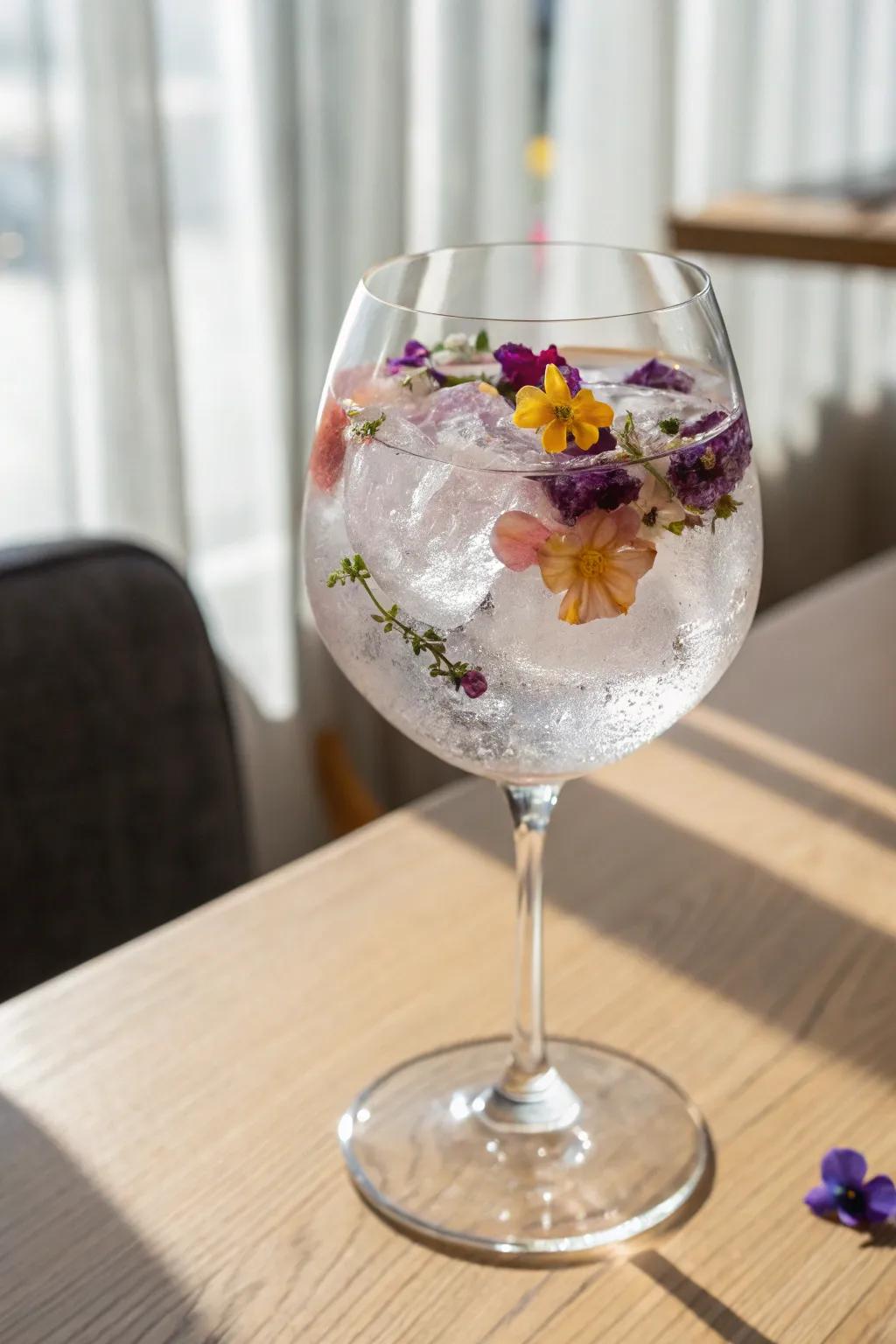 Elevate your drinks with edible flower ice cubes – a perfect blend of elegance and simplicity.