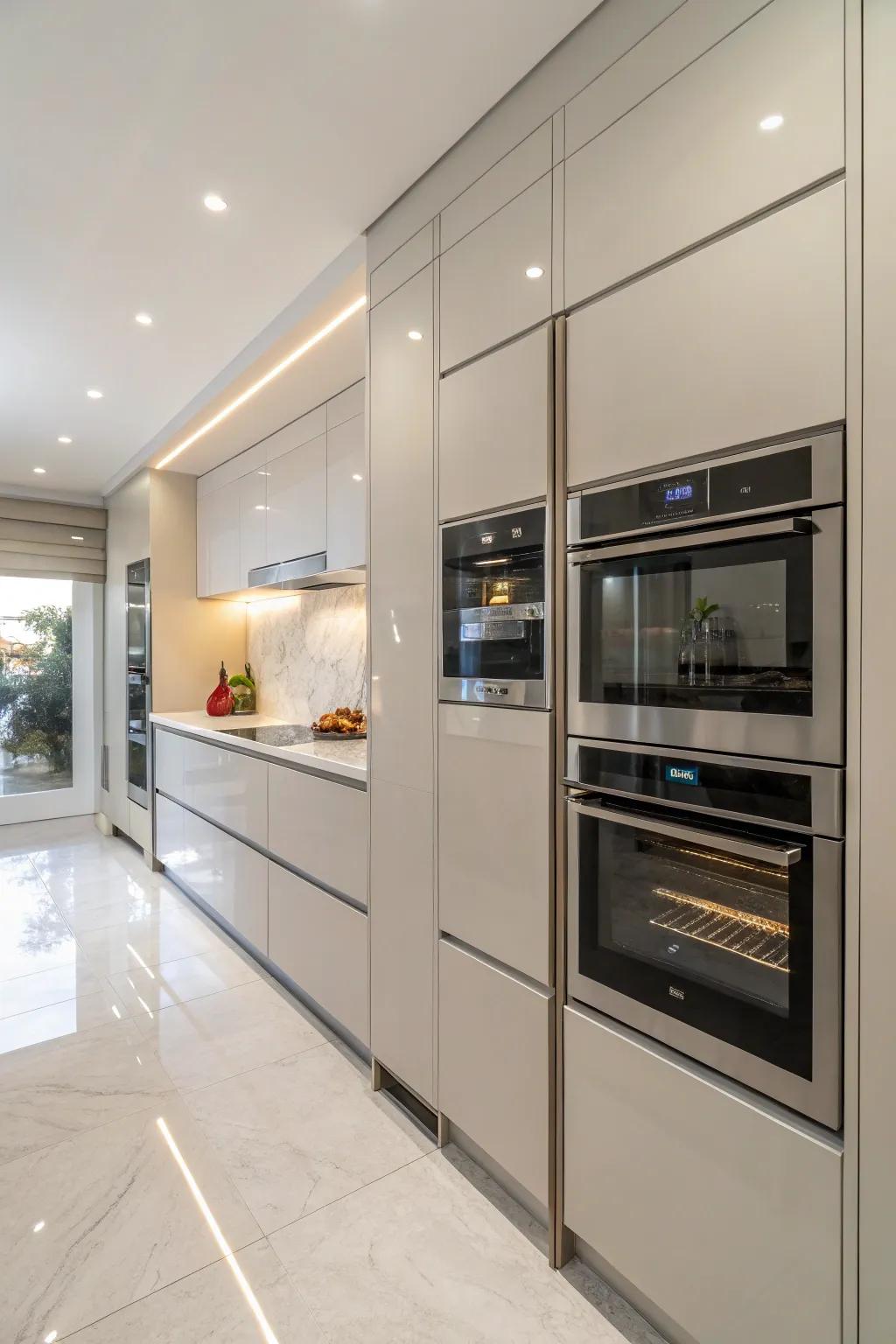 Double ovens discreetly hidden behind elegant cabinet doors.