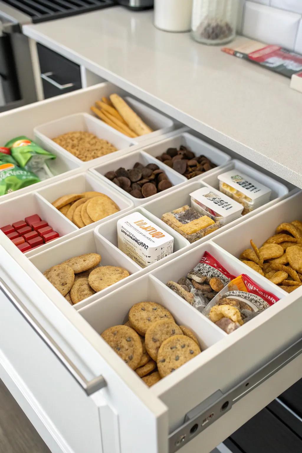 Organized snack drawers keep treats neat and accessible.