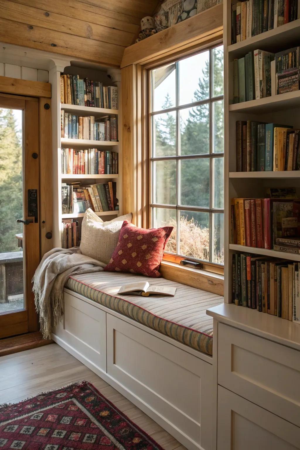 Bookshelves add character to a kitchen window seat.