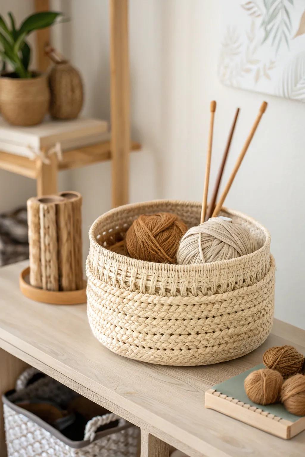 Embrace simplicity and warmth with woven baskets for your knitting essentials.
