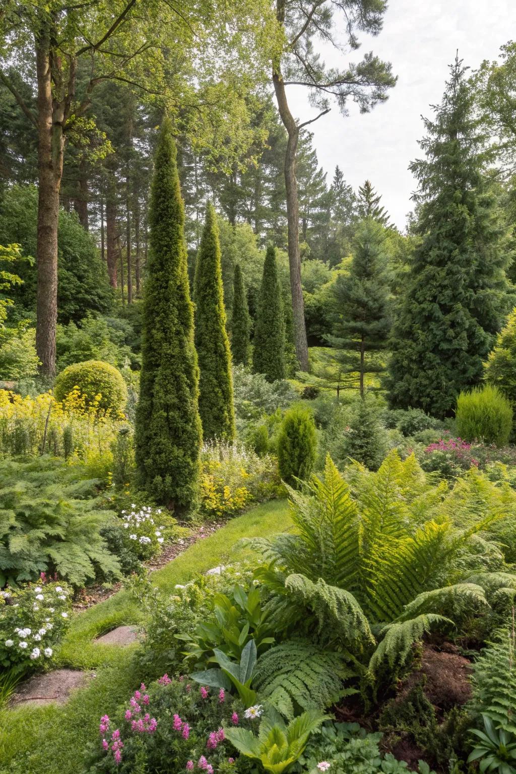 Arborvitae adding structure and blending into a woodland garden.