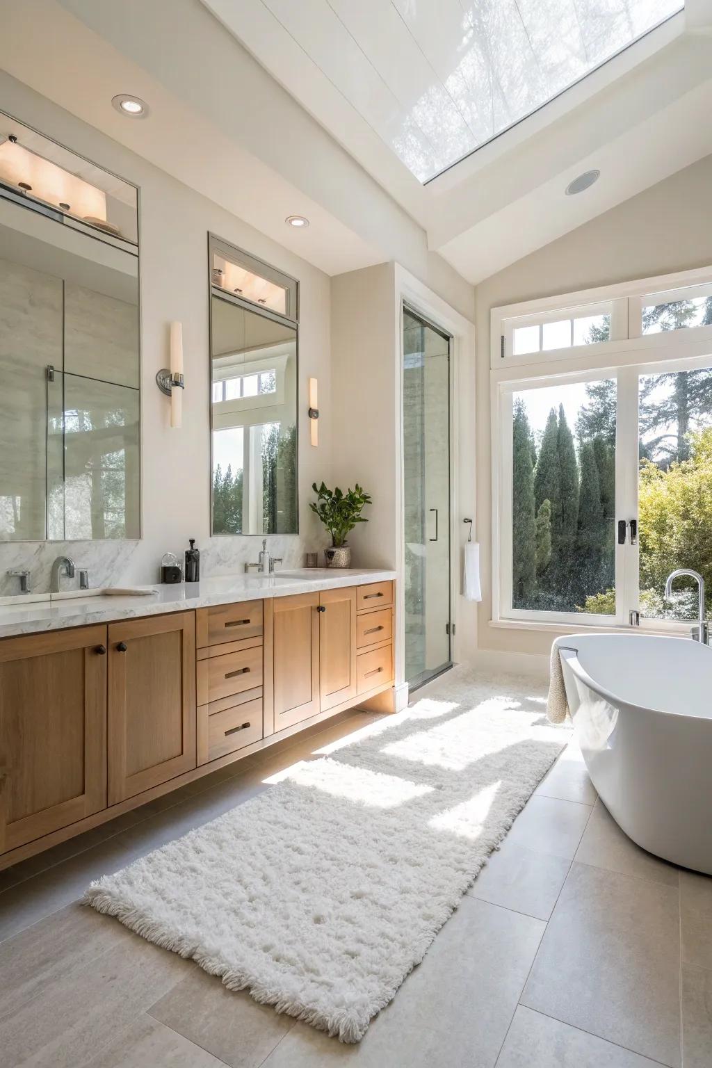 White rugs enhance the clean, airy feel of bright bathroom spaces.