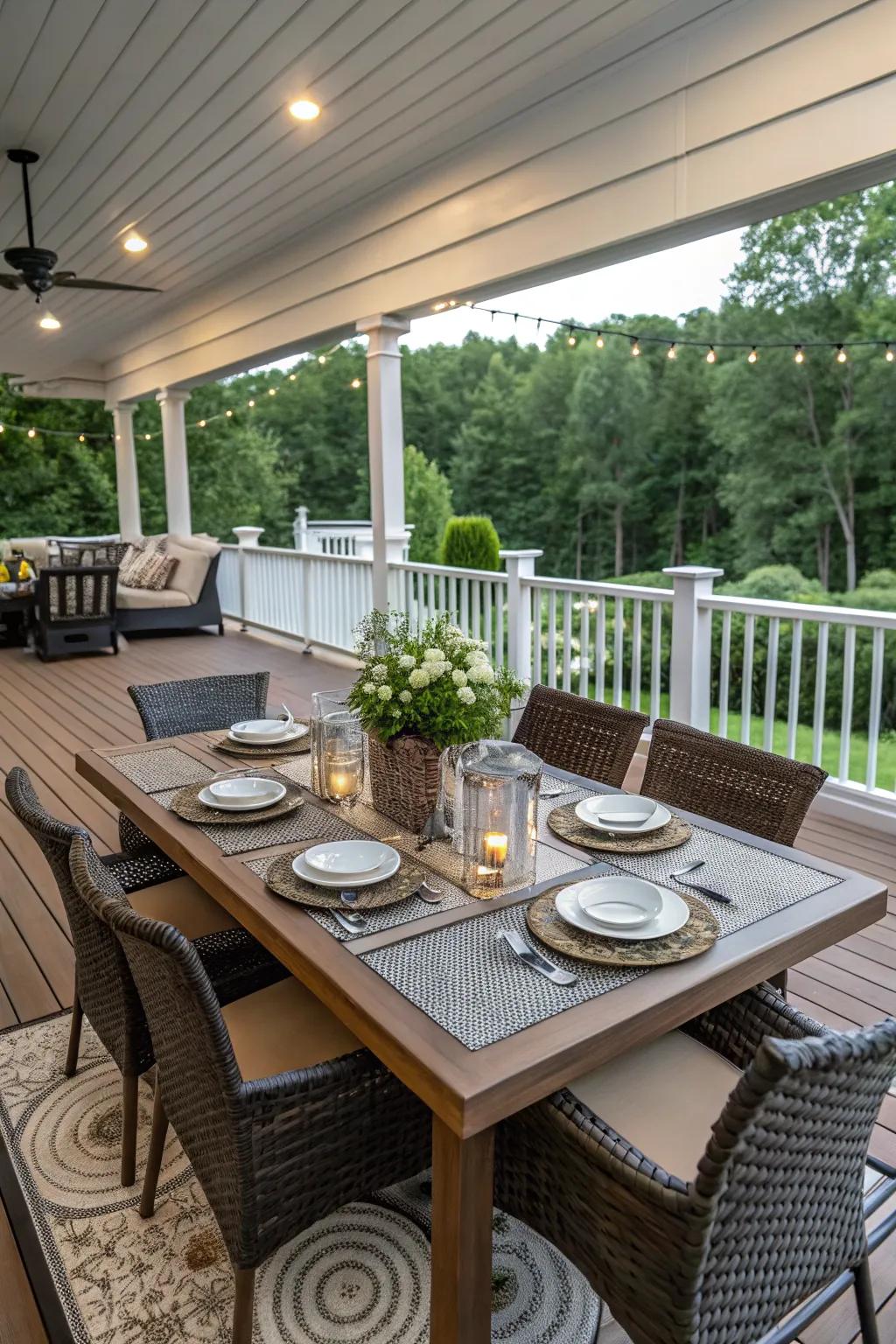 An elegant outdoor dining setup on a spacious deck.