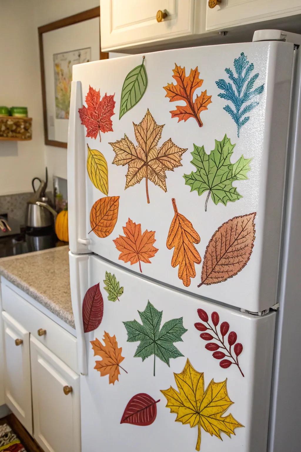 Charming leaf magnets adding a touch of fall to your kitchen.