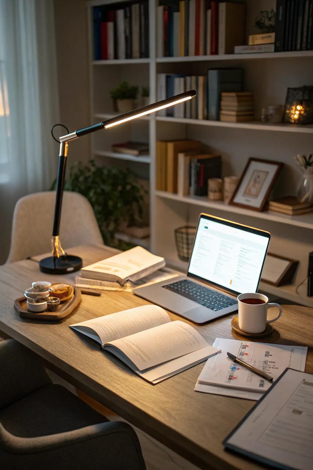 LED task lighting enhances focus and productivity in home offices.