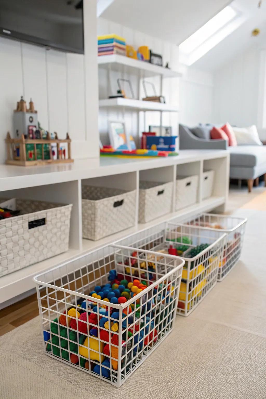 Modern Lego storage with wire baskets.