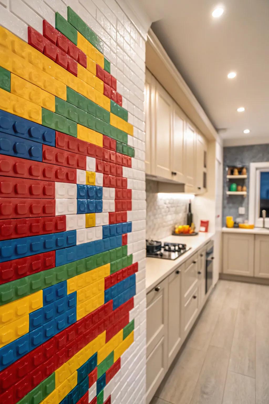 A colorful LEGO design adds vibrant energy to this kitchen.