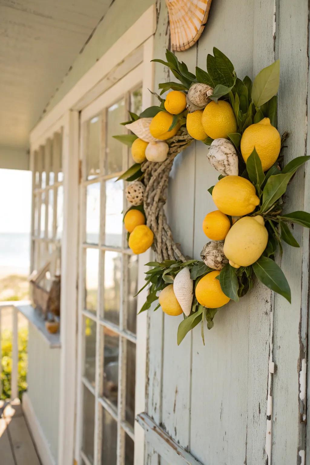 A coastal-inspired lemon and seashell wreath for a touch of the sea.