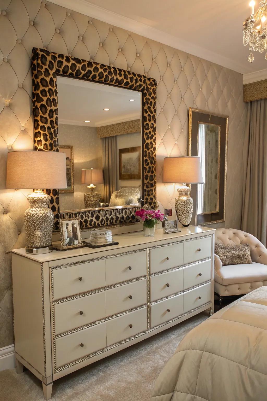 A leopard print mirror frame adds a touch of glamour to bedroom decor.