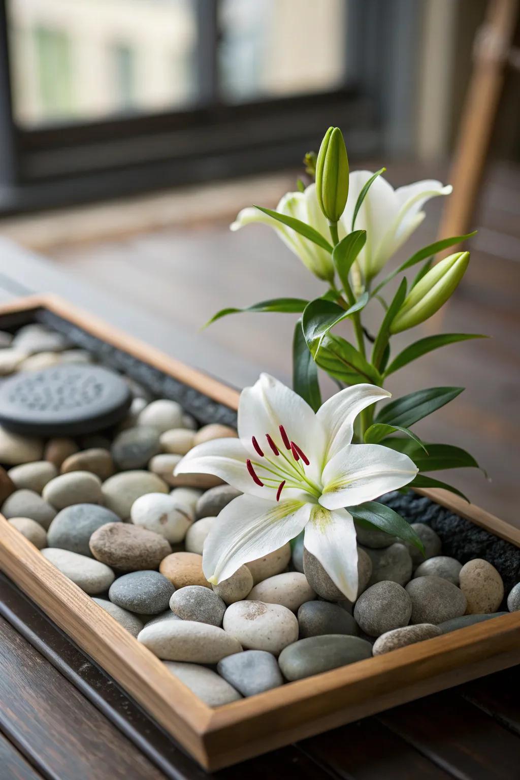 Tranquility with lilies in a Zen garden arrangement.