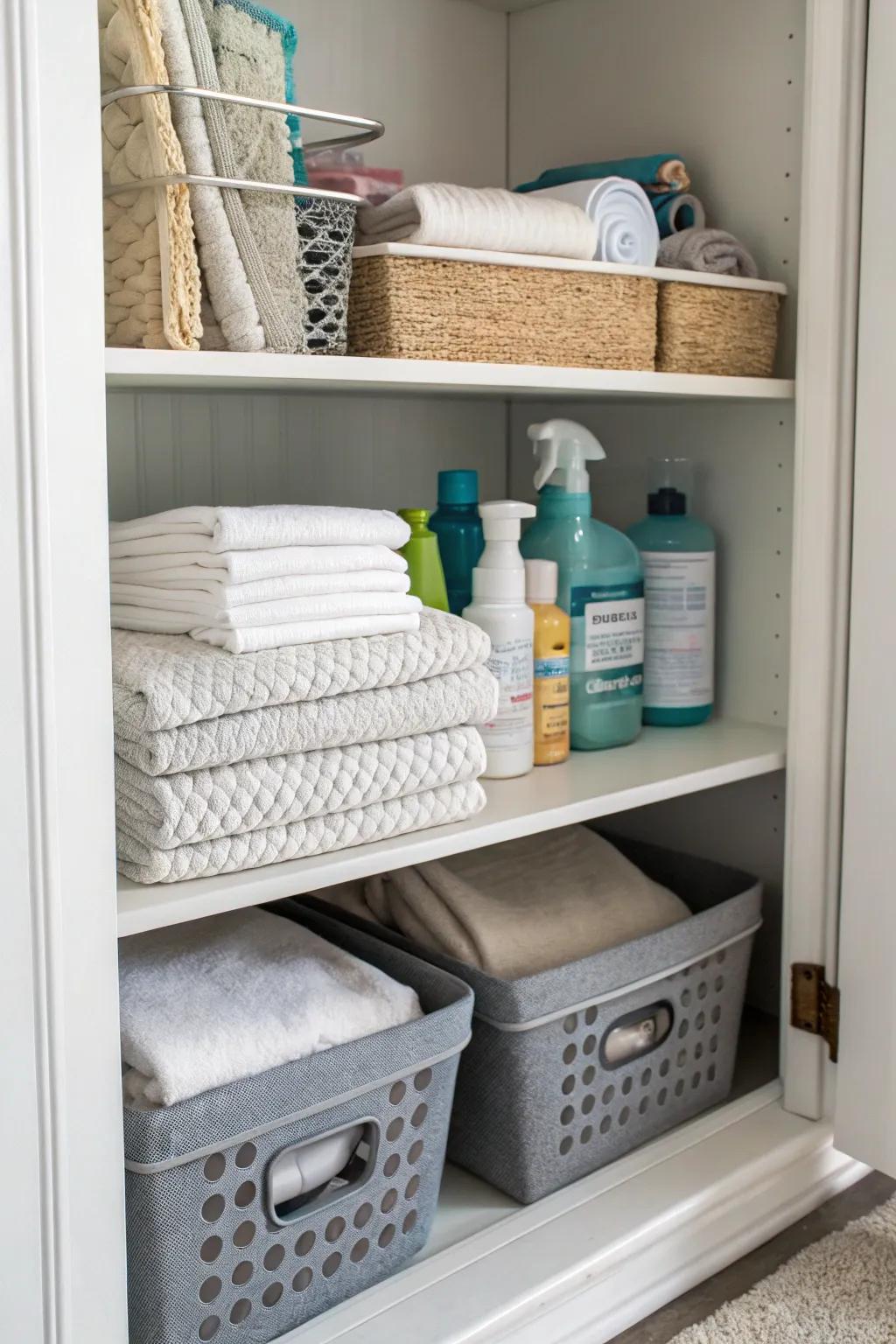 A storage caddy keeps cleaning supplies organized and accessible.