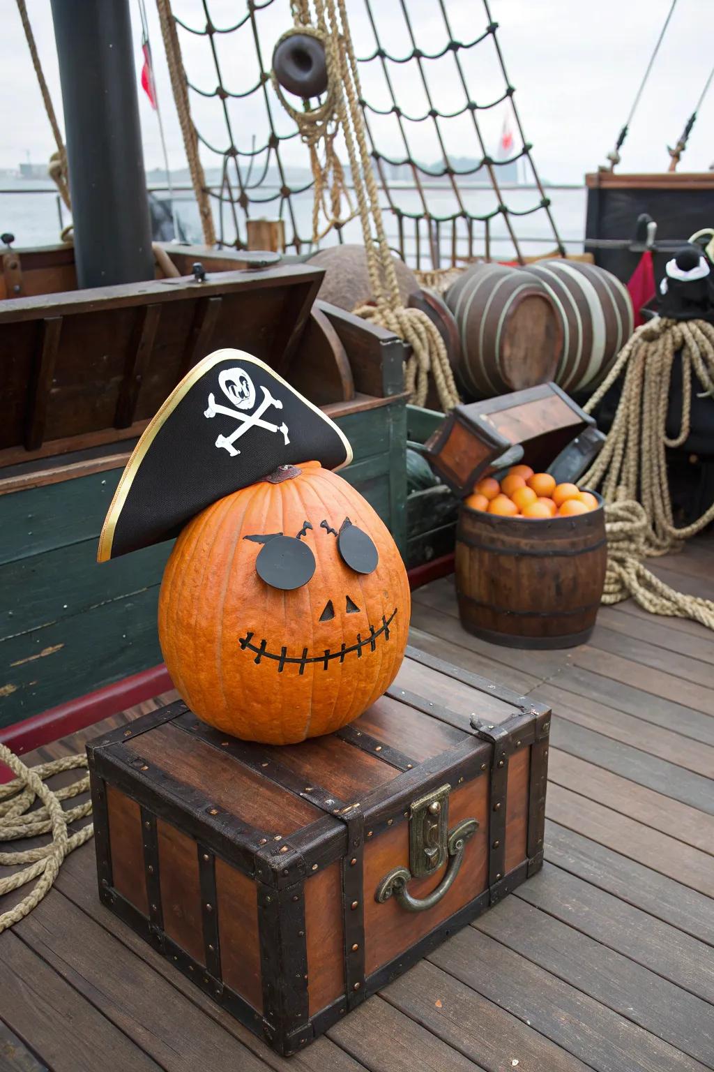 Embark on a high-seas adventure with a pirate-themed pumpkin.