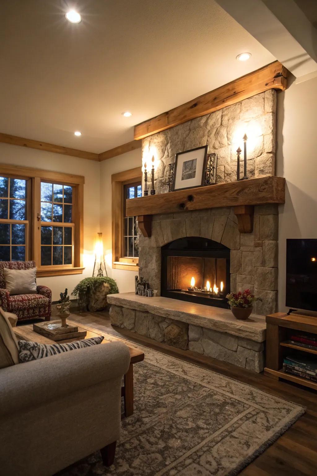 A living room featuring a live edge mantel illuminated by accent lighting.