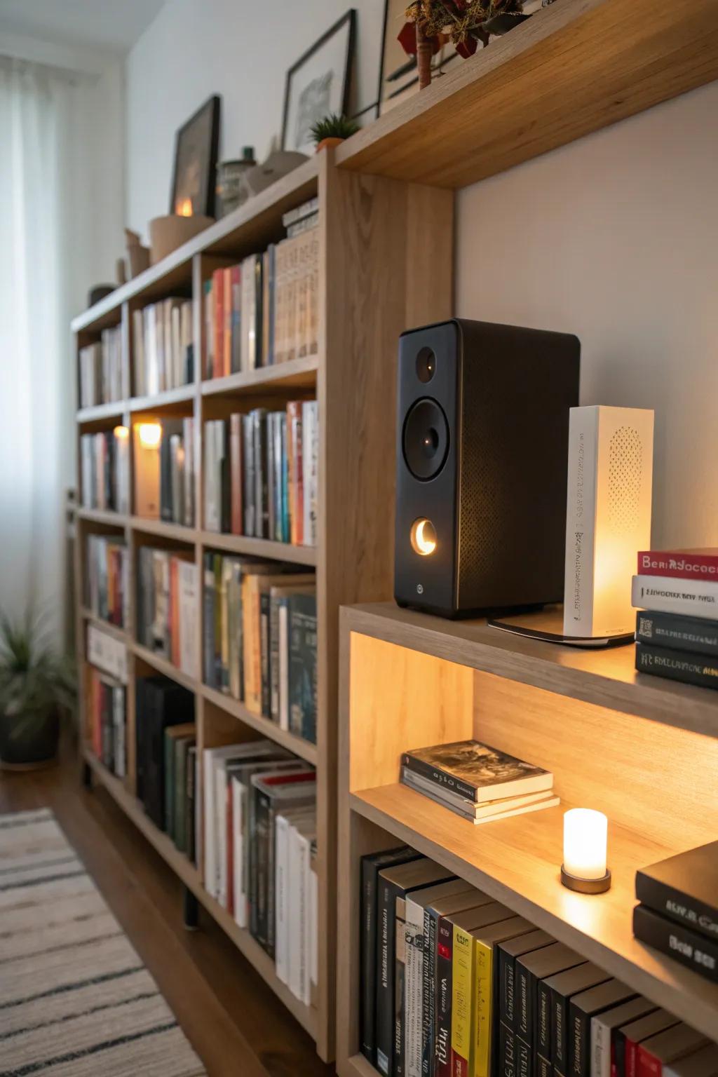 Integrated technology adds modern functionality to bookshelves.