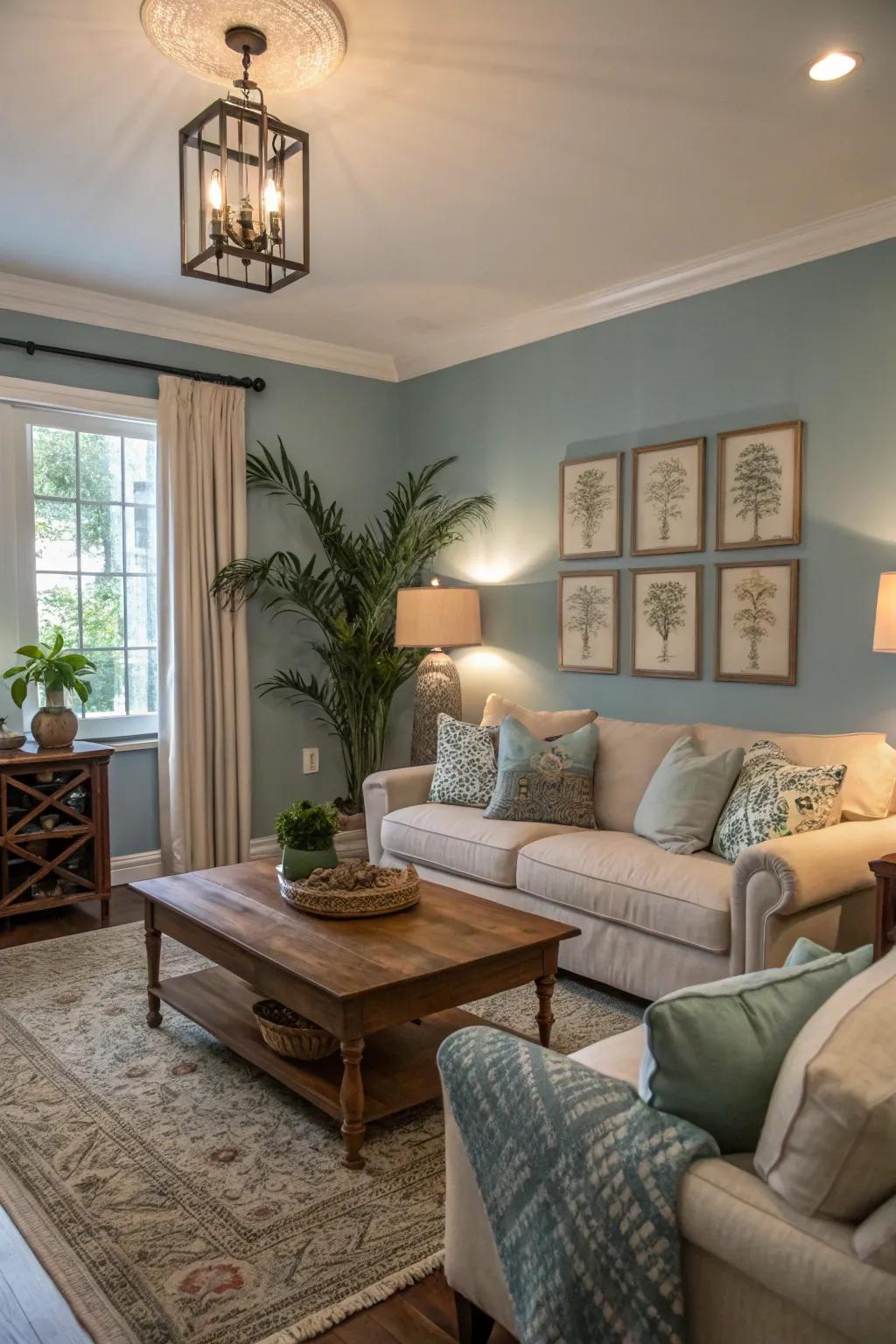 Muted blues provide a tranquil and calming atmosphere in your living room.