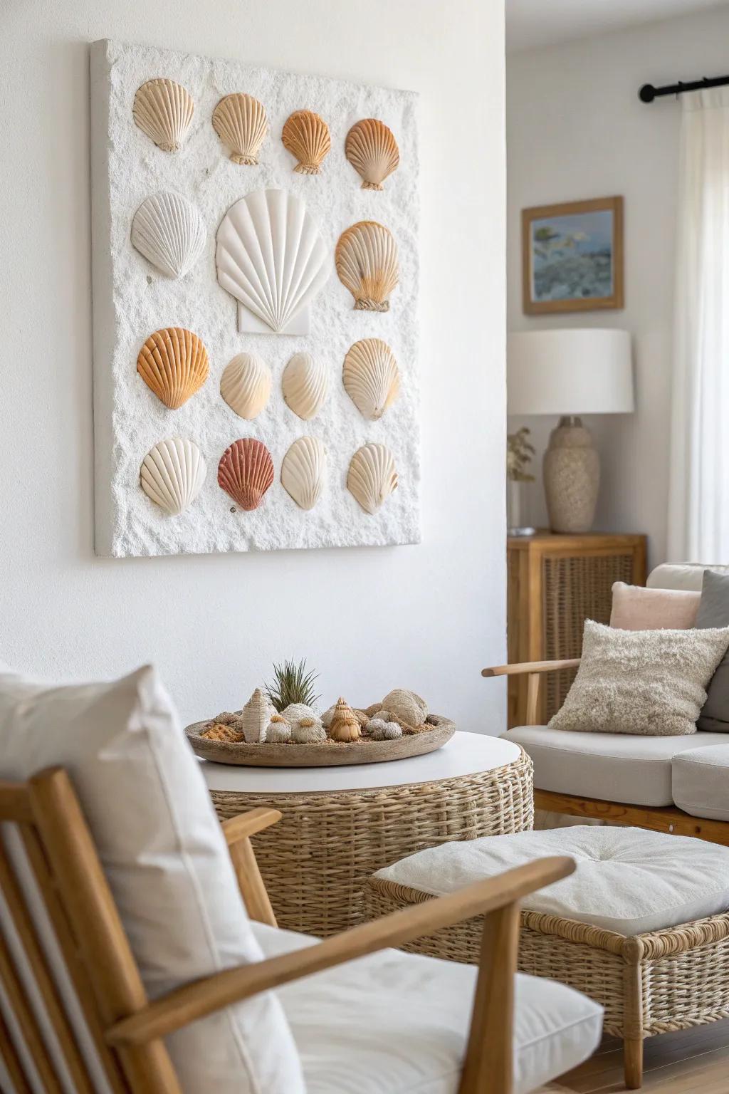 Bring the beach to your living room with this elegant seashell art piece, perfect for a touch of coastal charm.