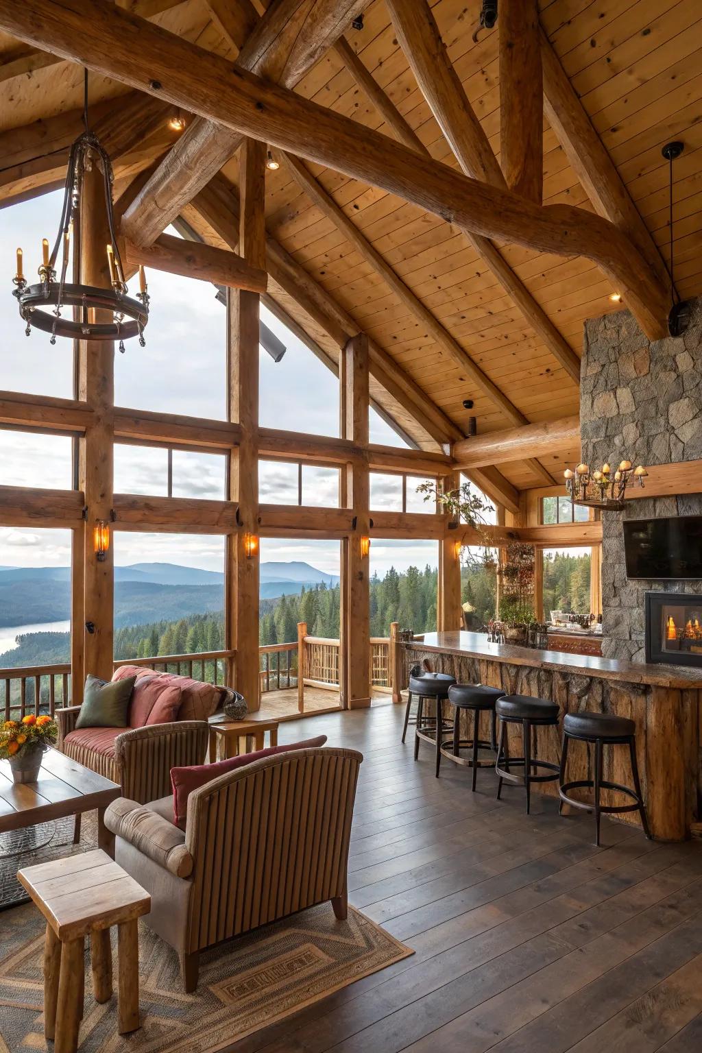 An open floor plan creates a seamless connection in this log cabin bar.