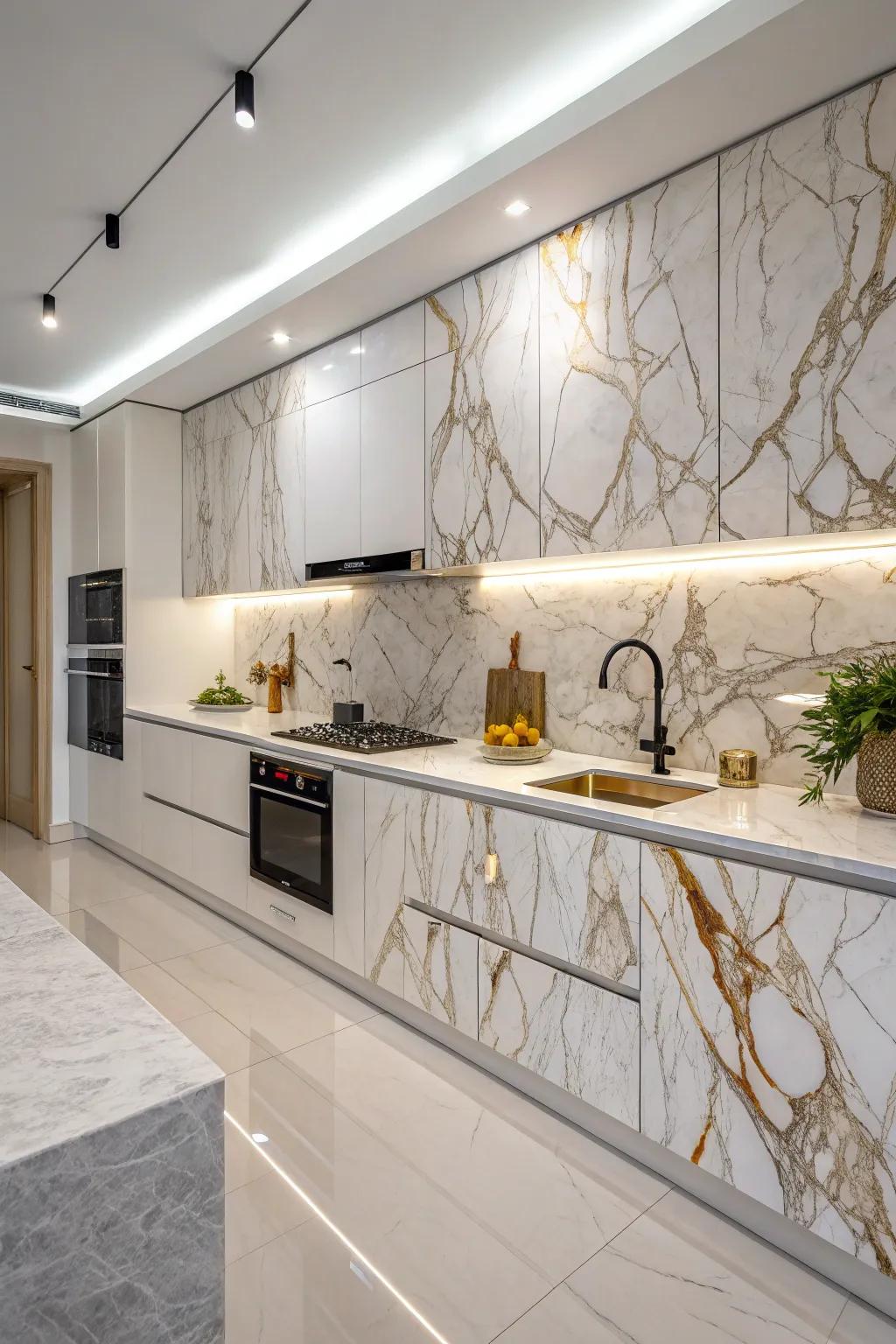 A personalized kitchen with unique marble designs.