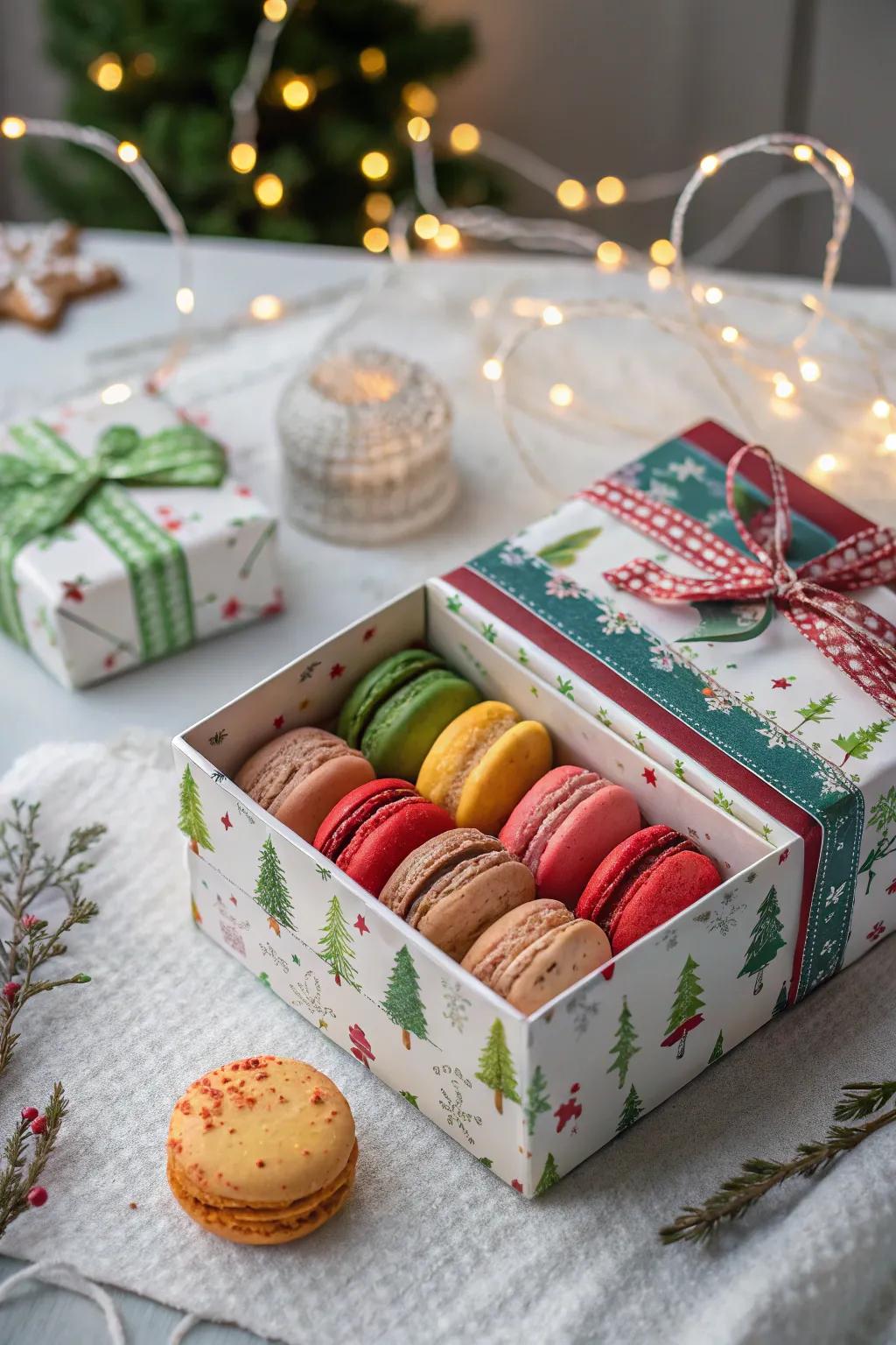 Festive joy with holiday-themed macaron packaging.