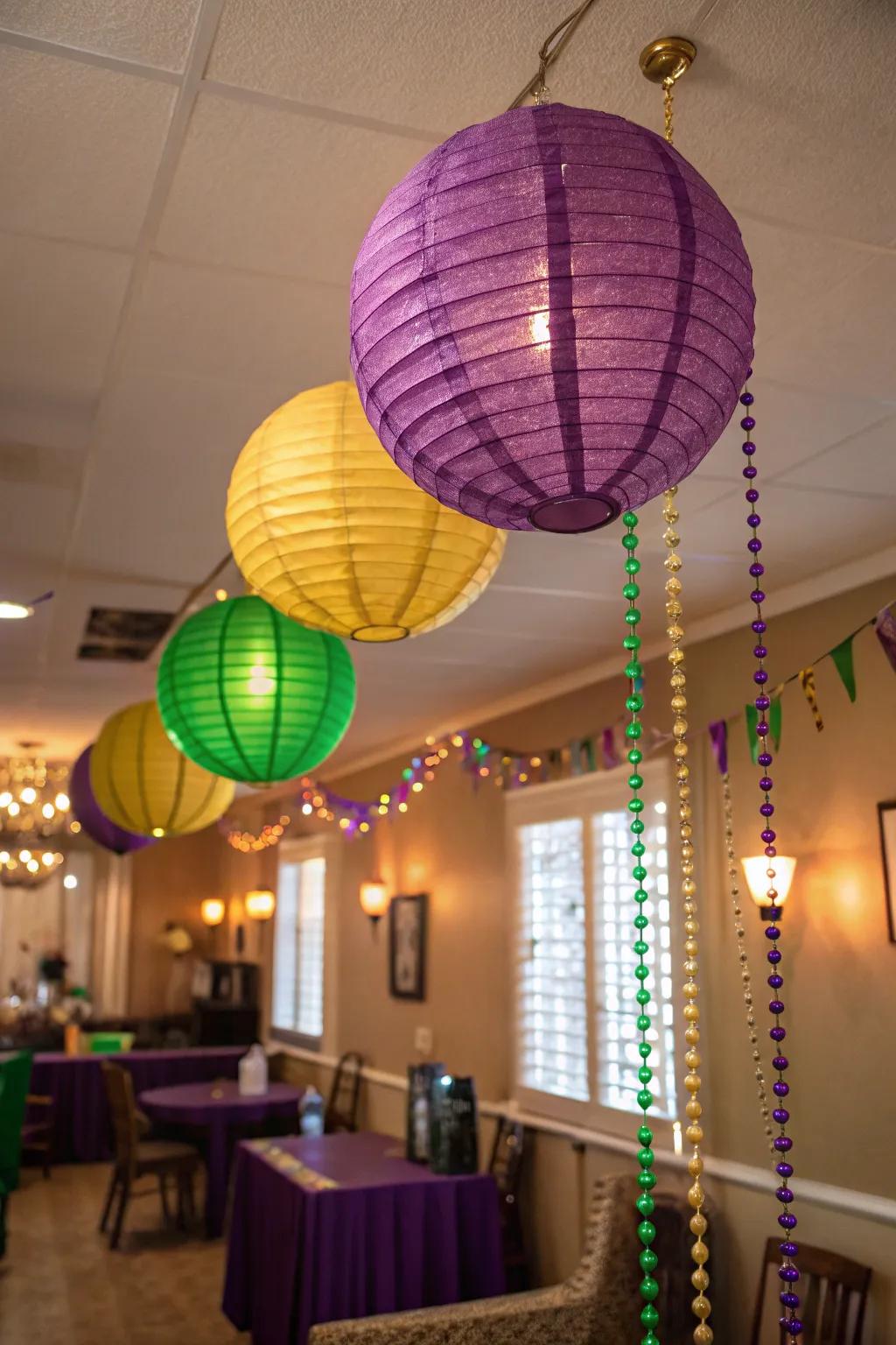 Create a whimsical ambiance with vibrant Mardi Gras paper lanterns.