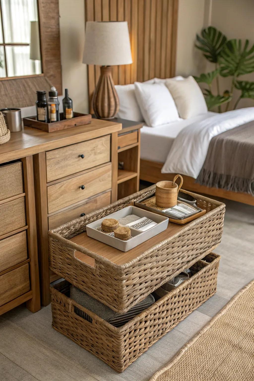 Storage baskets and trays keep essentials organized stylishly.