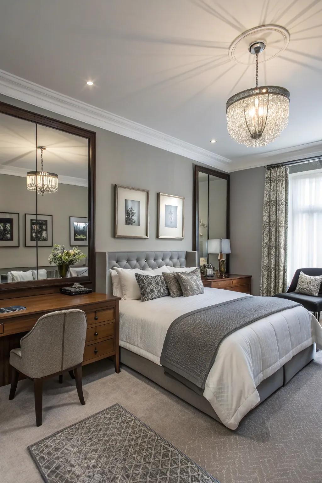 Mirrors enhance space and light in this modern bedroom.