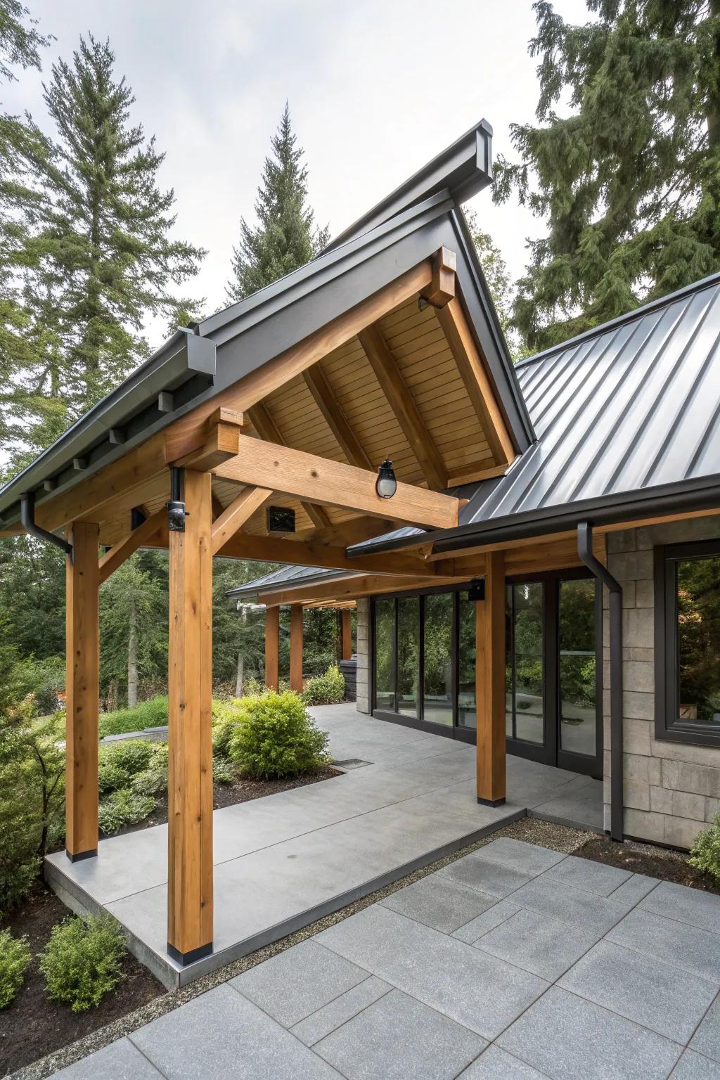 A mixed material metal roof combines metal and wood for a unique patio aesthetic.