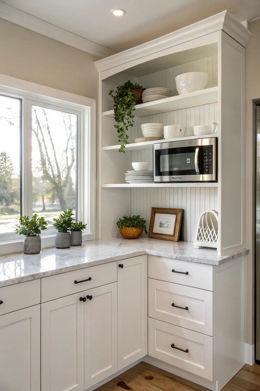 Simple and effective minimalist shelving for a microwave.