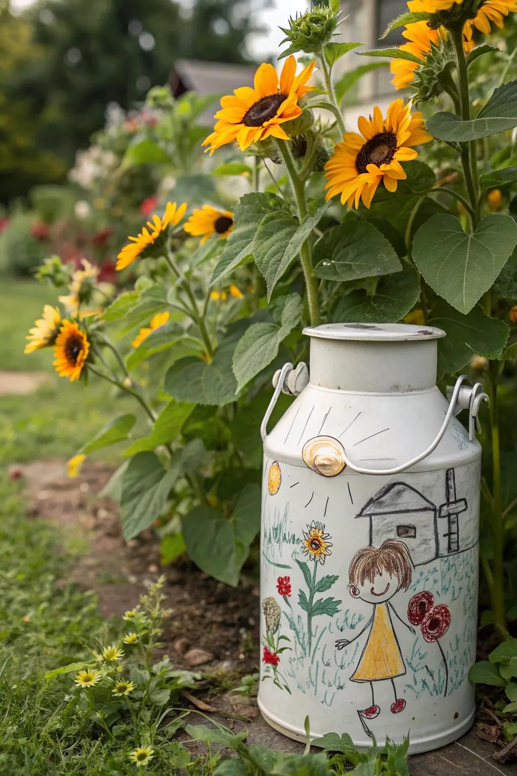 A milk can decorated by children becomes a fun garden project.