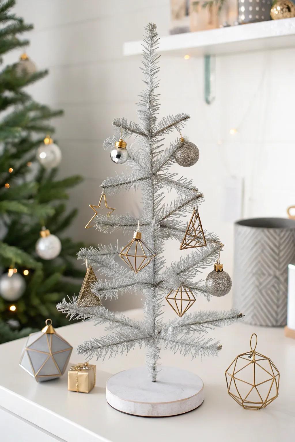 An industrial chic mini Christmas tree with wire and metal accents.