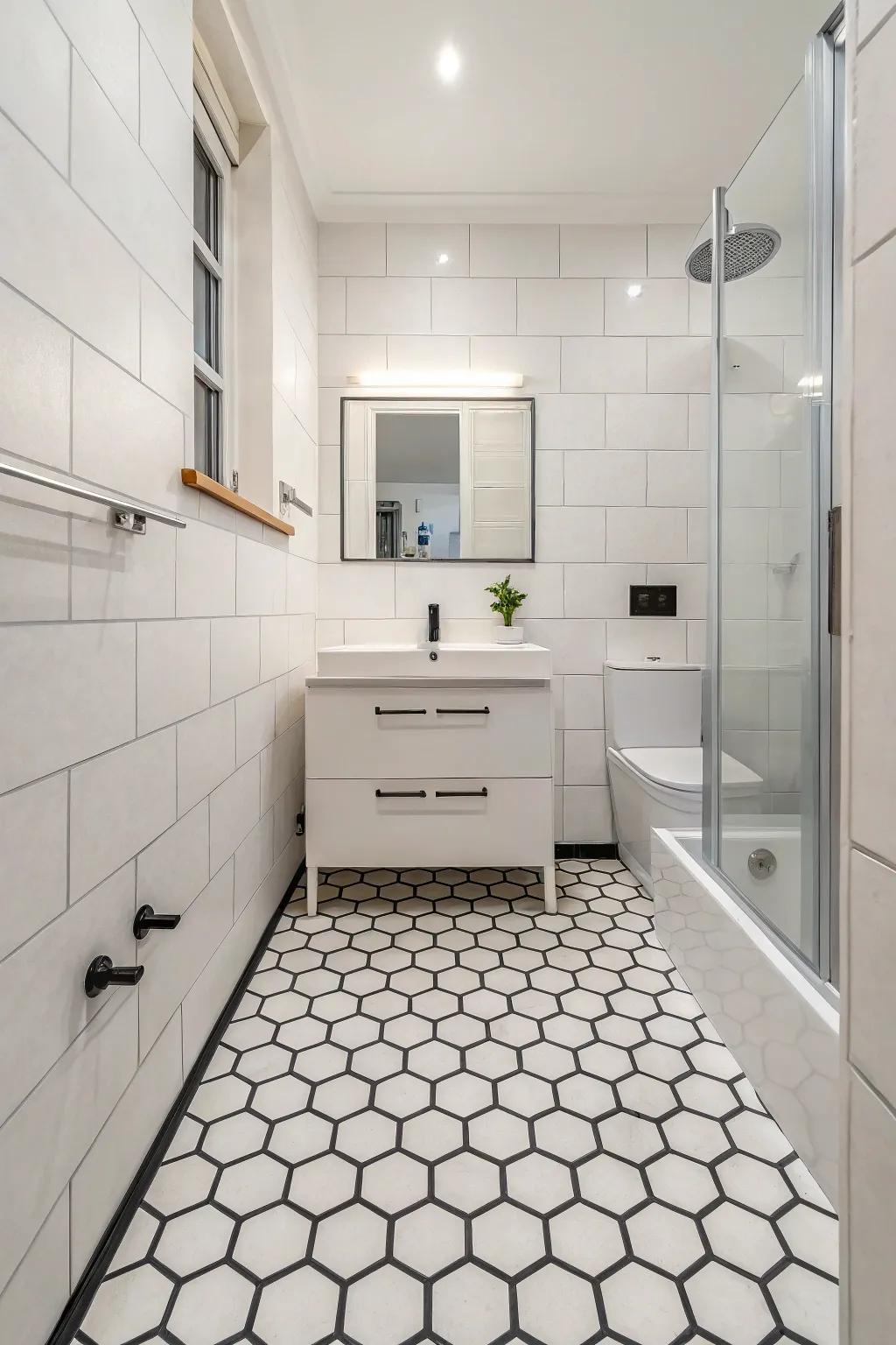 A minimalist bathroom with modern geometric elements.