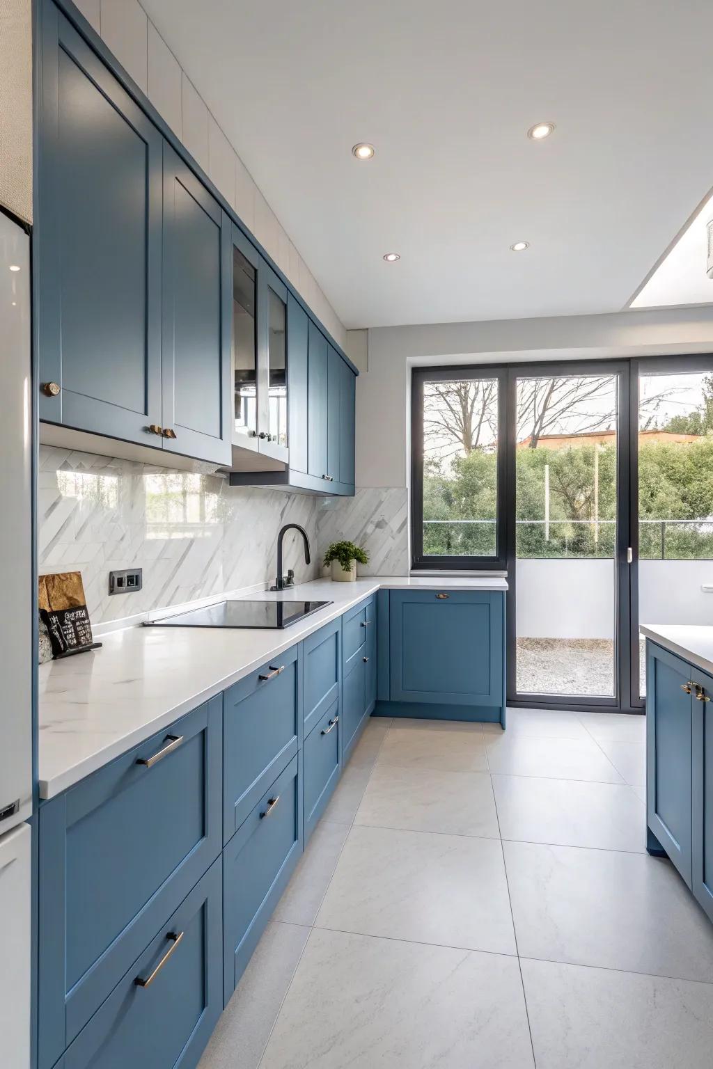 Minimalist blue cabinets offer a clean and modern kitchen design.