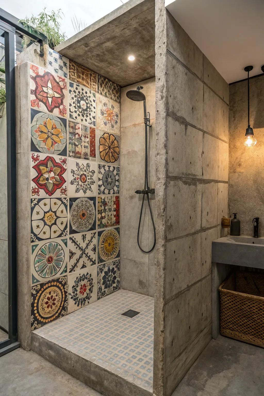 An eclectic shower design featuring a mix of concrete and decorative tiles.