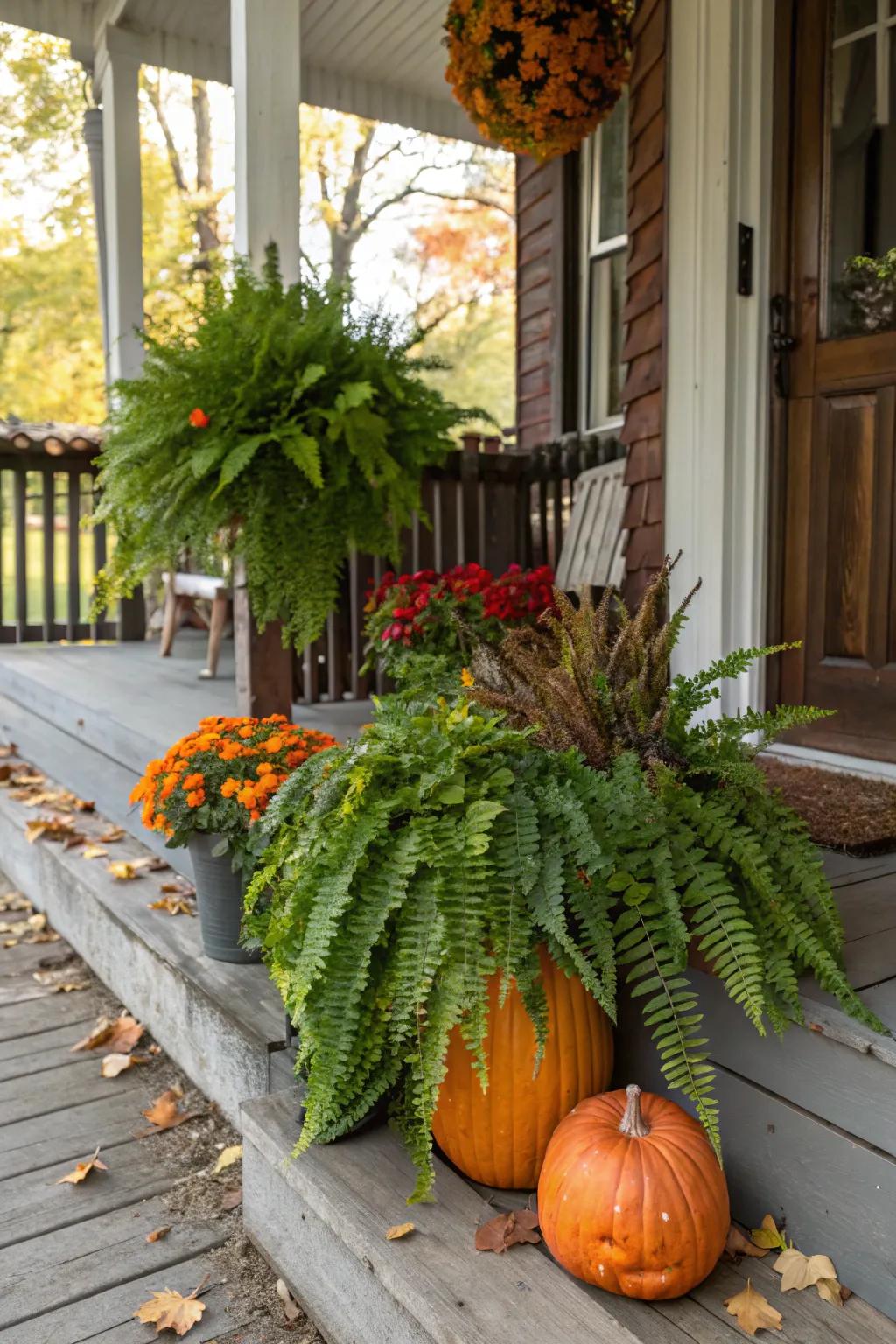 Ferns add lush greenery to autumn arrangements.