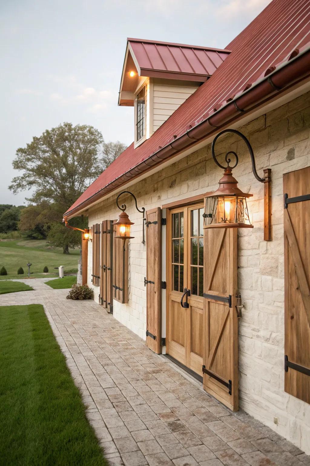 Copper finish fixtures add warmth and elegance to this farmhouse exterior.