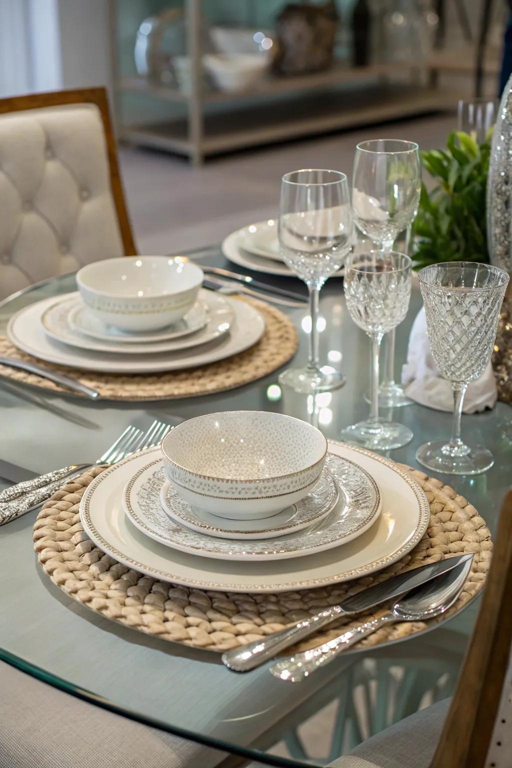 Layered table settings prepare a glass dining table for any occasion.