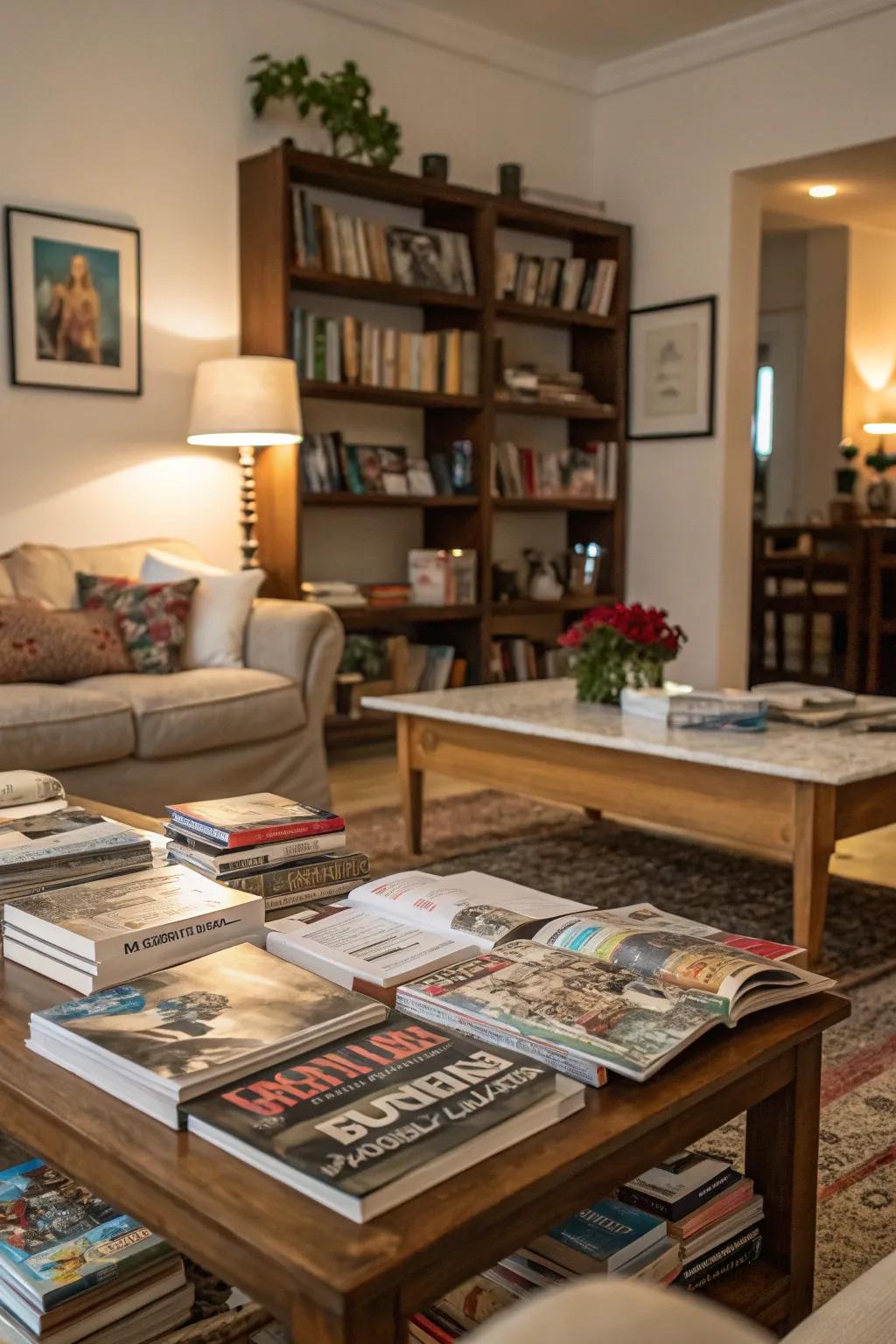 Books and magazines add a lived-in, intellectual vibe to the living room.