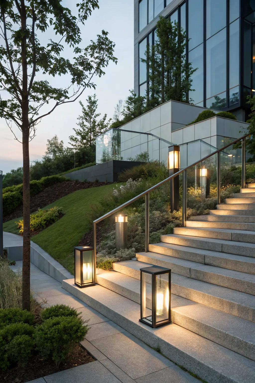 Glass and metal fixtures providing a contemporary lighting solution for outdoor steps.