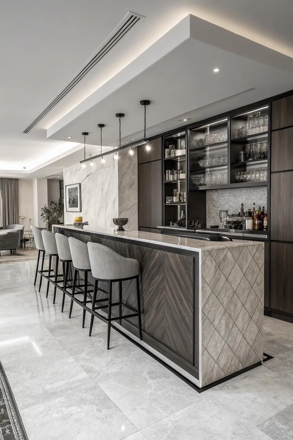 A monochrome masterpiece L-shaped bar with a bold statement.