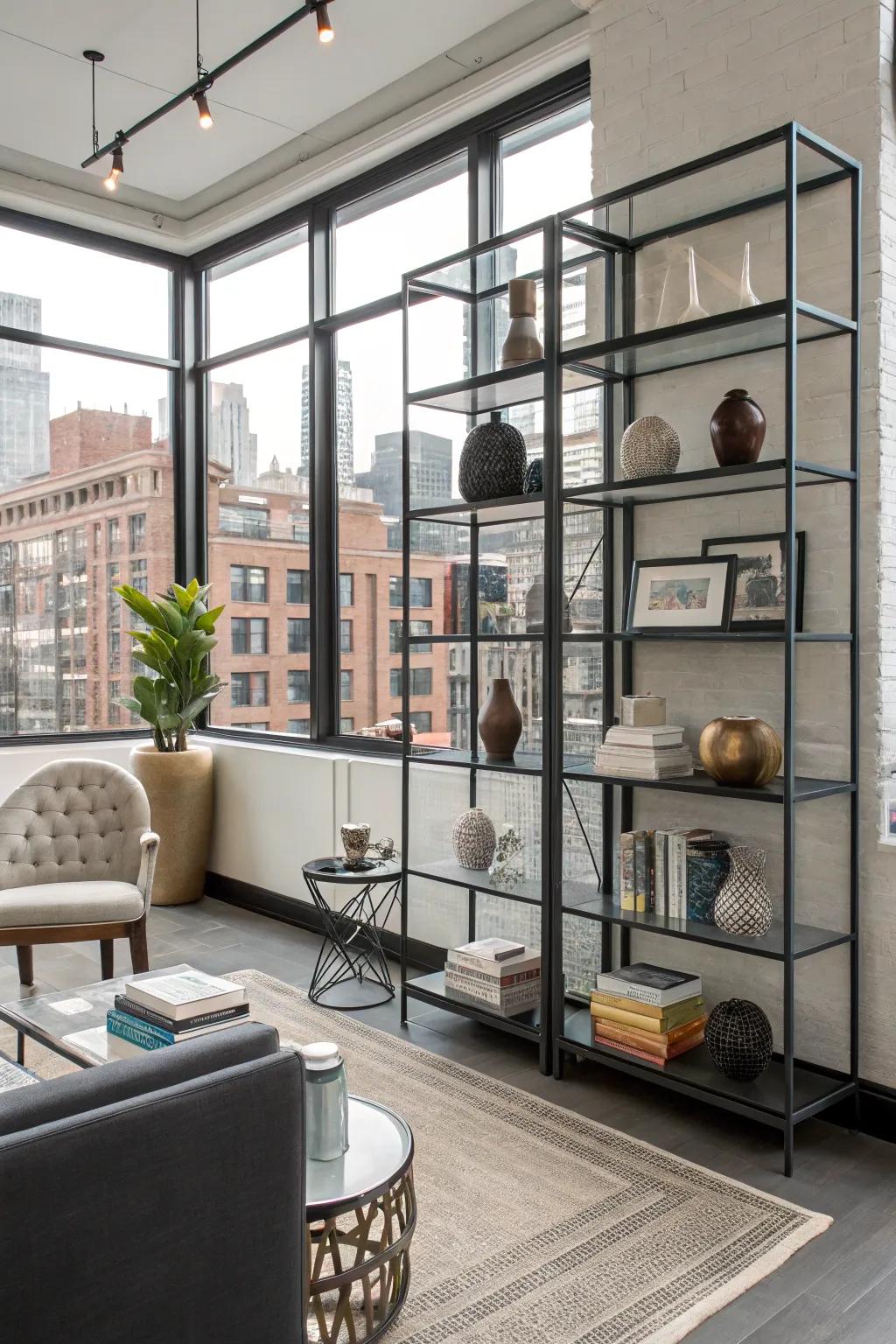 Glass and metal shelves provide a sleek, modern edge.